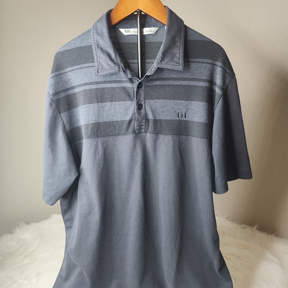 TravisMathew Polo Shirt‎ Mens Medium Grey Striped Pima Cotton Blend Short Sleeve
